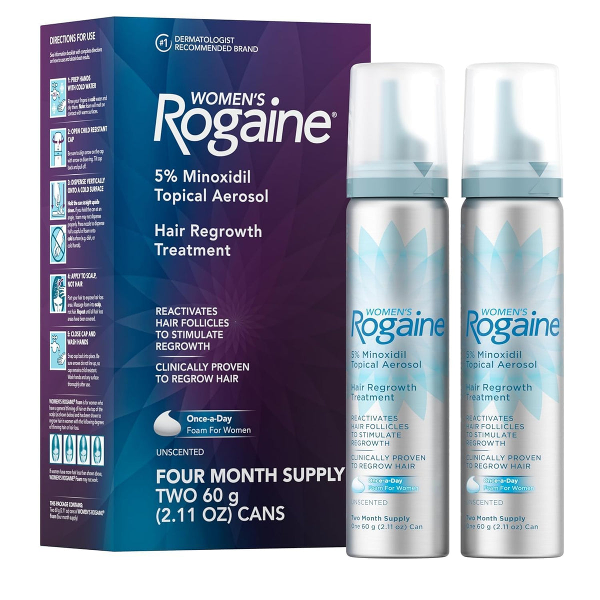 Rogaine Womens 5% Minoxidil Foam Topical Once-A-Day Hair Loss Treatment for Women to Regrow Fuller Thicker Hair Unscented 4-Month Supply 2 x 2.11 oz