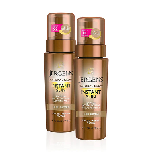 Jergens Natural Glow Instant Self Tanner Mousse, Sunless Tanning Light Bronze Tan, 6 Oz, 2-Pack