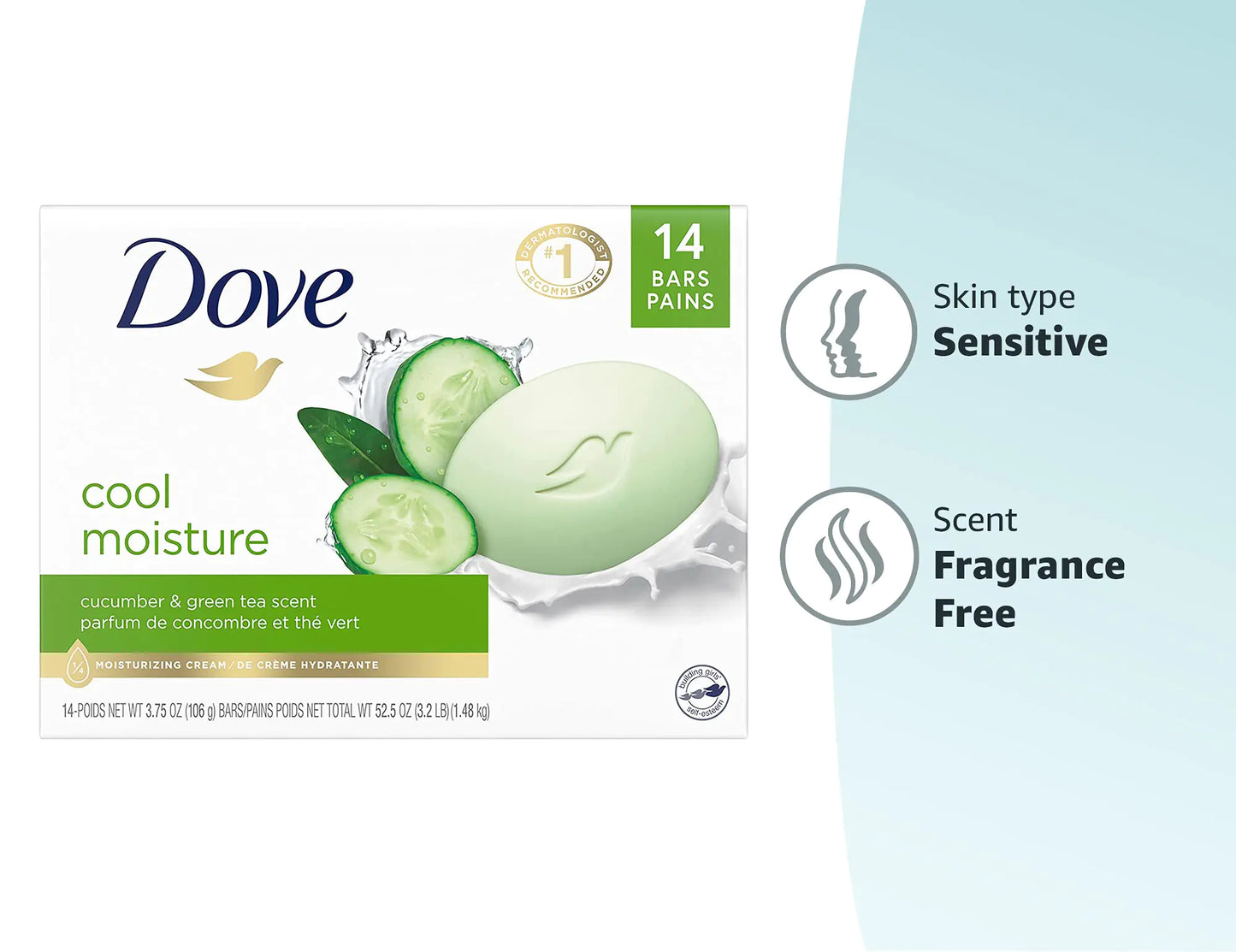 Dove Skin Care Beauty Bar, Cucumber and Green Tea, 3.75 oz, 14 Bars
