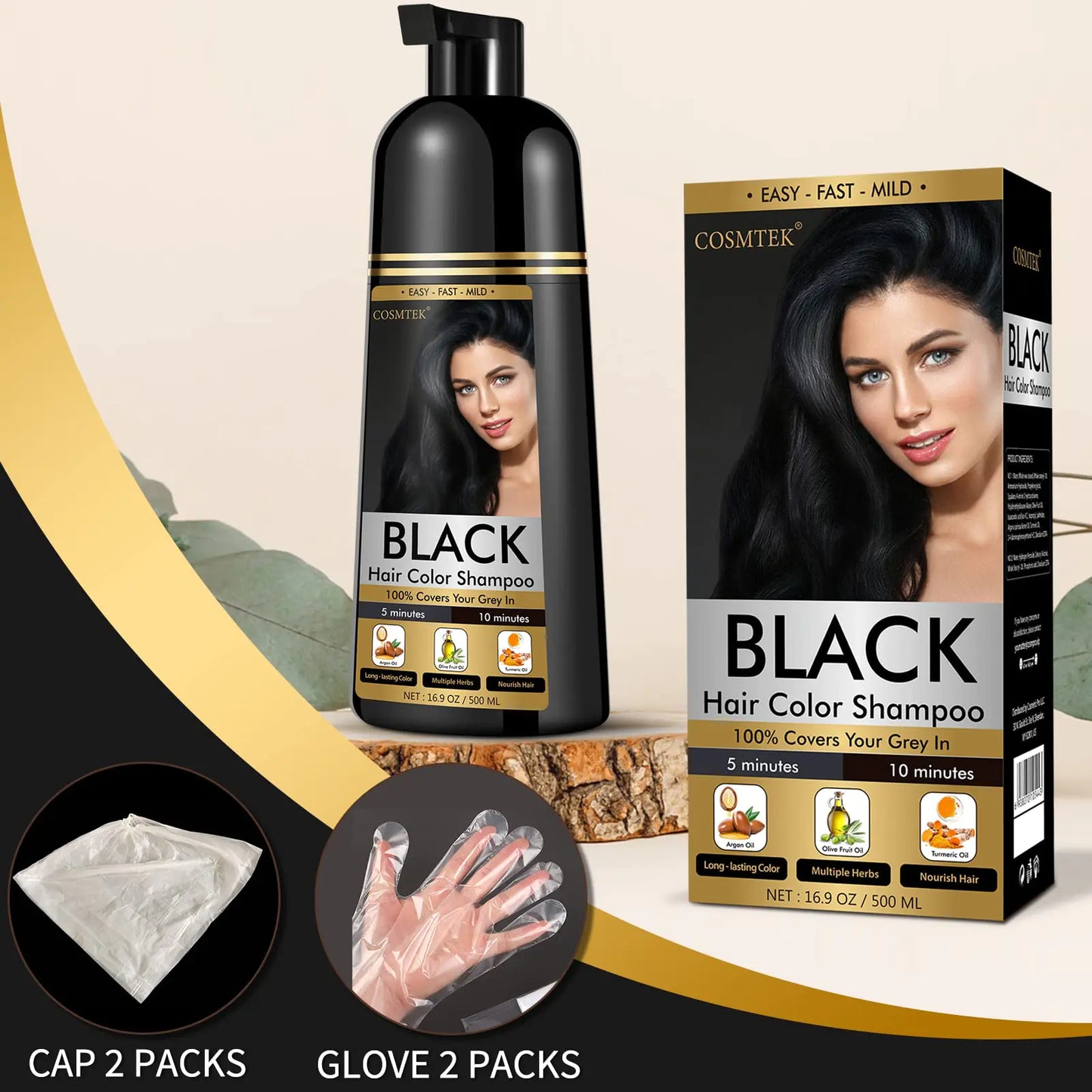 Black Dye Shampoo for Permanent Hair Color - Men&Women, Gray Coverage, Beard & Treated Hair, 3-In-1, 30 Days/500ml/Ammonia-Free/Natural Herbal black