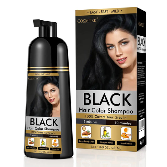 Black Dye Shampoo for Permanent Hair Color - Men&Women, Gray Coverage, Beard & Treated Hair, 3-In-1, 30 Days/500ml/Ammonia-Free/Natural Herbal black