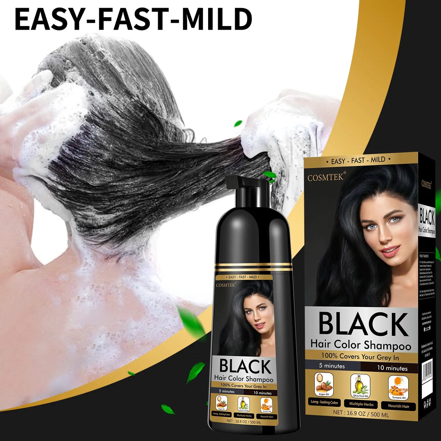 Black Dye Shampoo for Permanent Hair Color - Men&Women, Gray Coverage, Beard & Treated Hair, 3-In-1, 30 Days/500ml/Ammonia-Free/Natural Herbal black