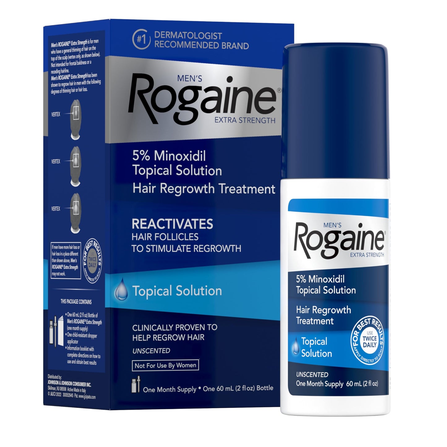 Rogaine Extra Strength 5% Minoxidil Topical Solution for Hair Regrowth Unscented Liquid Treatment for Men 1-Month Supply 2 fl. oz