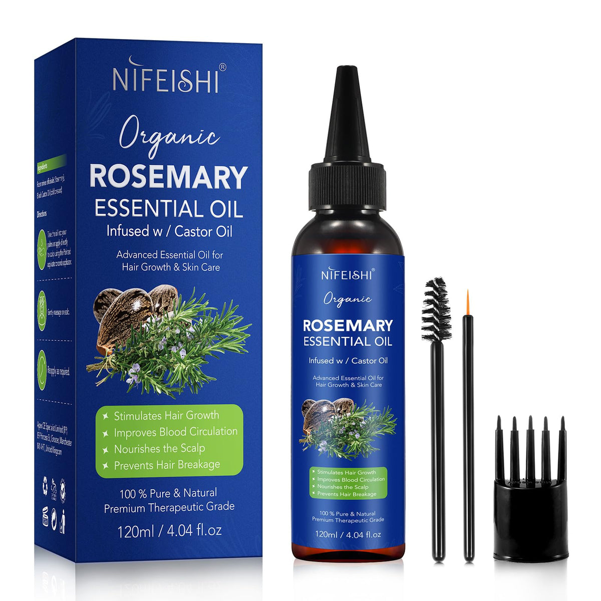 Rosemary Essential Oil for Hair Growth Scalp Massage and Body - 120ml Pure Organic Infusion with Castor Oil Improves Blood Circulation Reduces Hair Loss