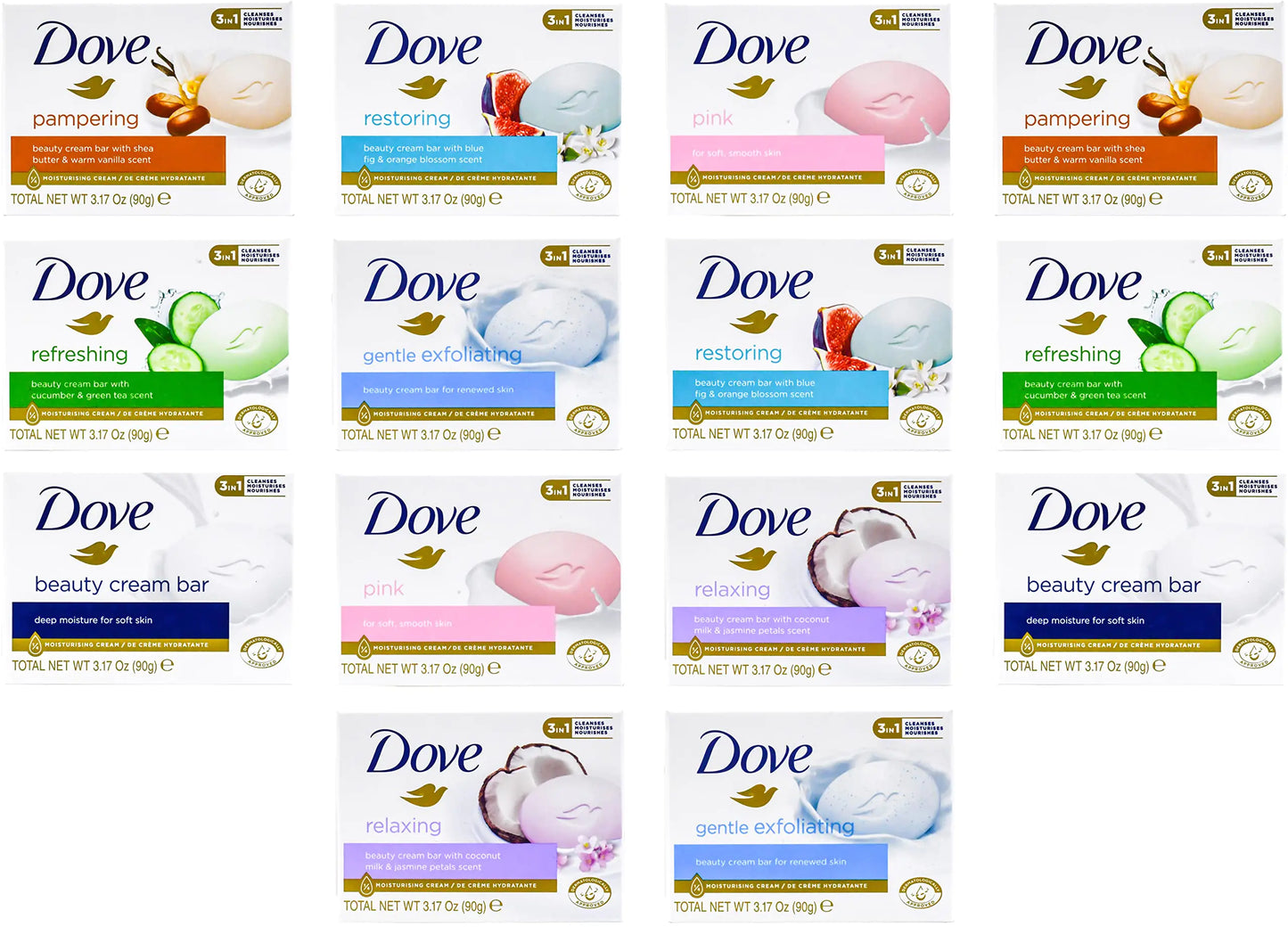 Dove, Beauty Bar Soap Variety Pack of 14, 90g (7 Scents, 2 of Each)